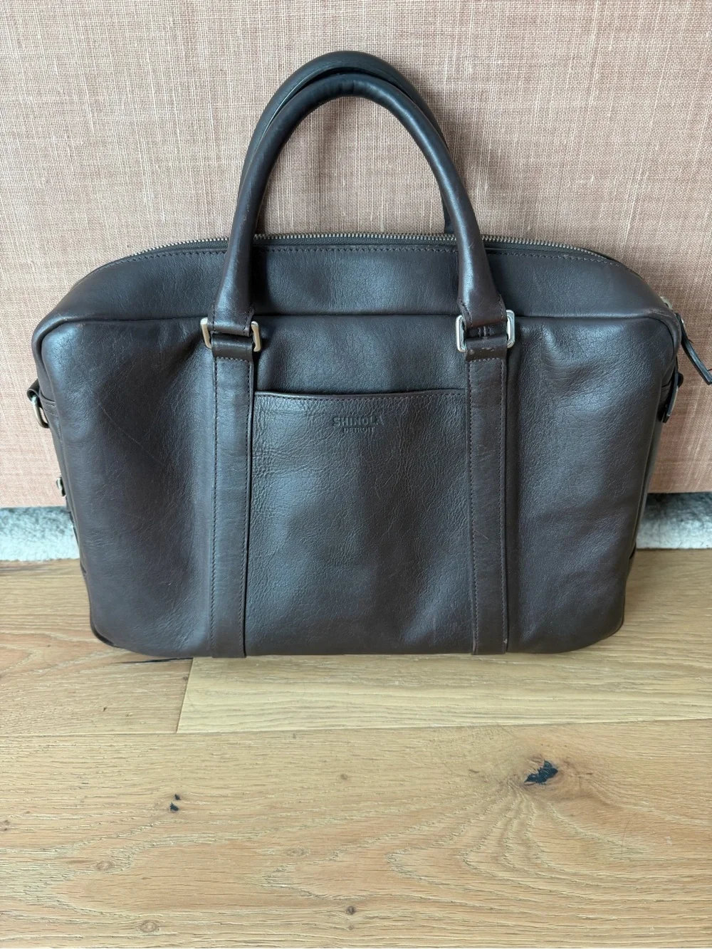 Shinola Dark Brown Leather Computer Briefcase with Detachable Strap